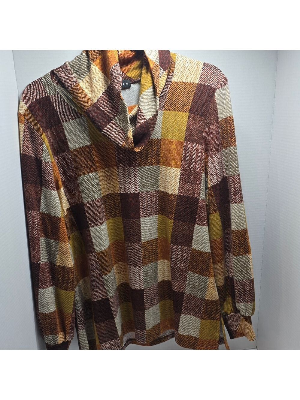 Cozy Checkered Cowl Neck Sweater
